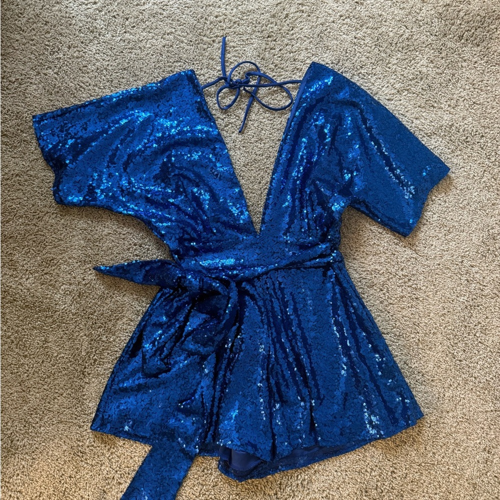 Blue Sequin Deep V-Neck Wrap Romper